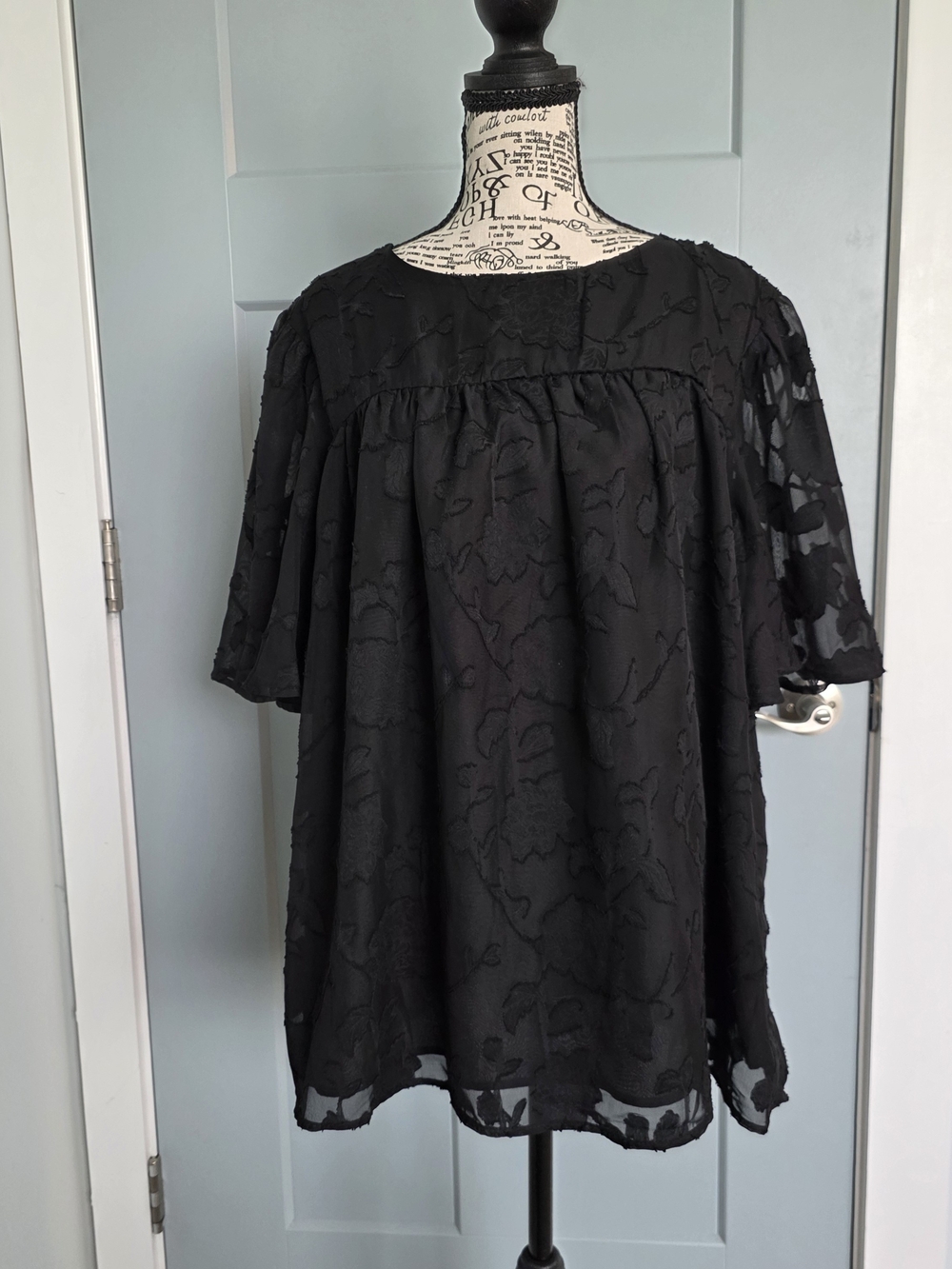 Black Floral Burnout Babydoll Blouse Sheer Flutter Sleeve Top XL